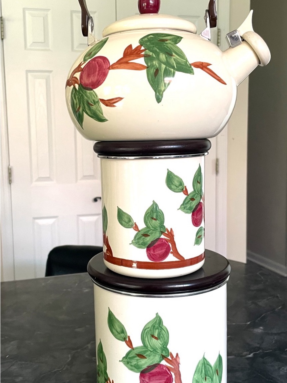 3 pc Vintage-Style Ceramic Teapot & Canister Stack with Fruit Motif